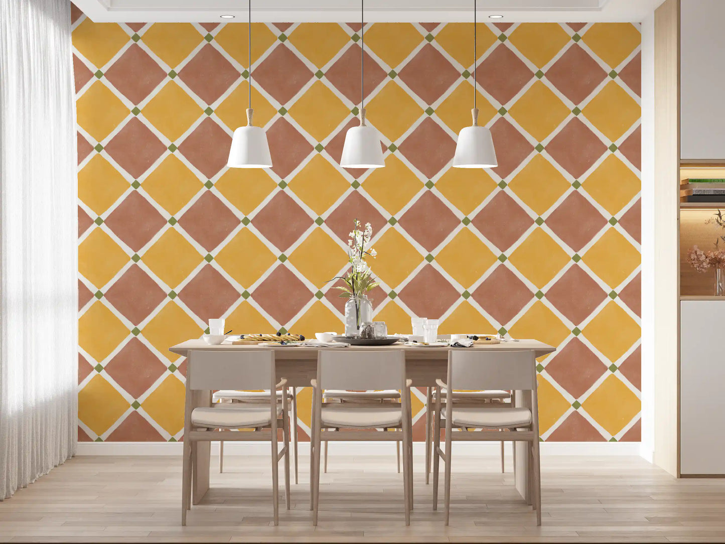 Mediterranean Rustic Checkerboard Aged Decoration -  Terracotta - Yellow Wallpaper⁠