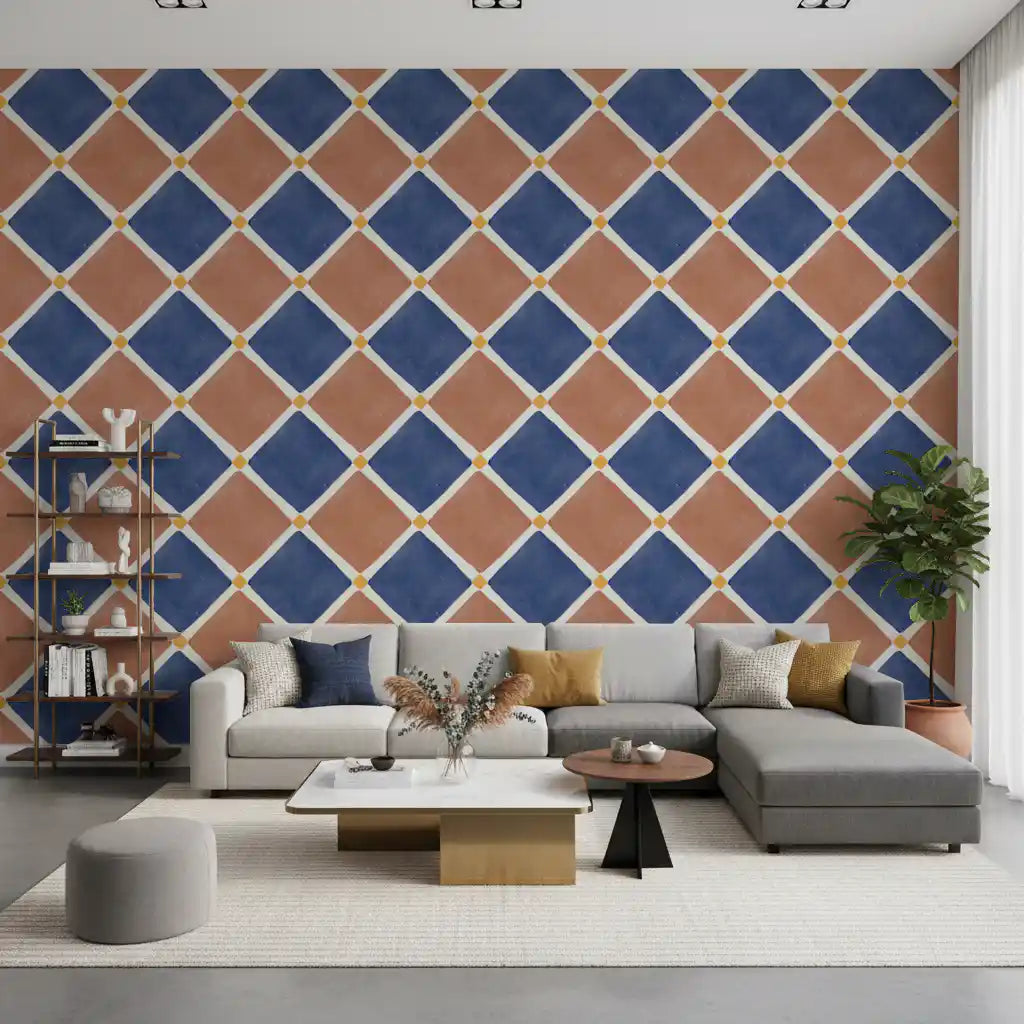 Mediterranean Rustic Checkerboard Aged Decoration - Terracotta - Blue Wallpaper⁠