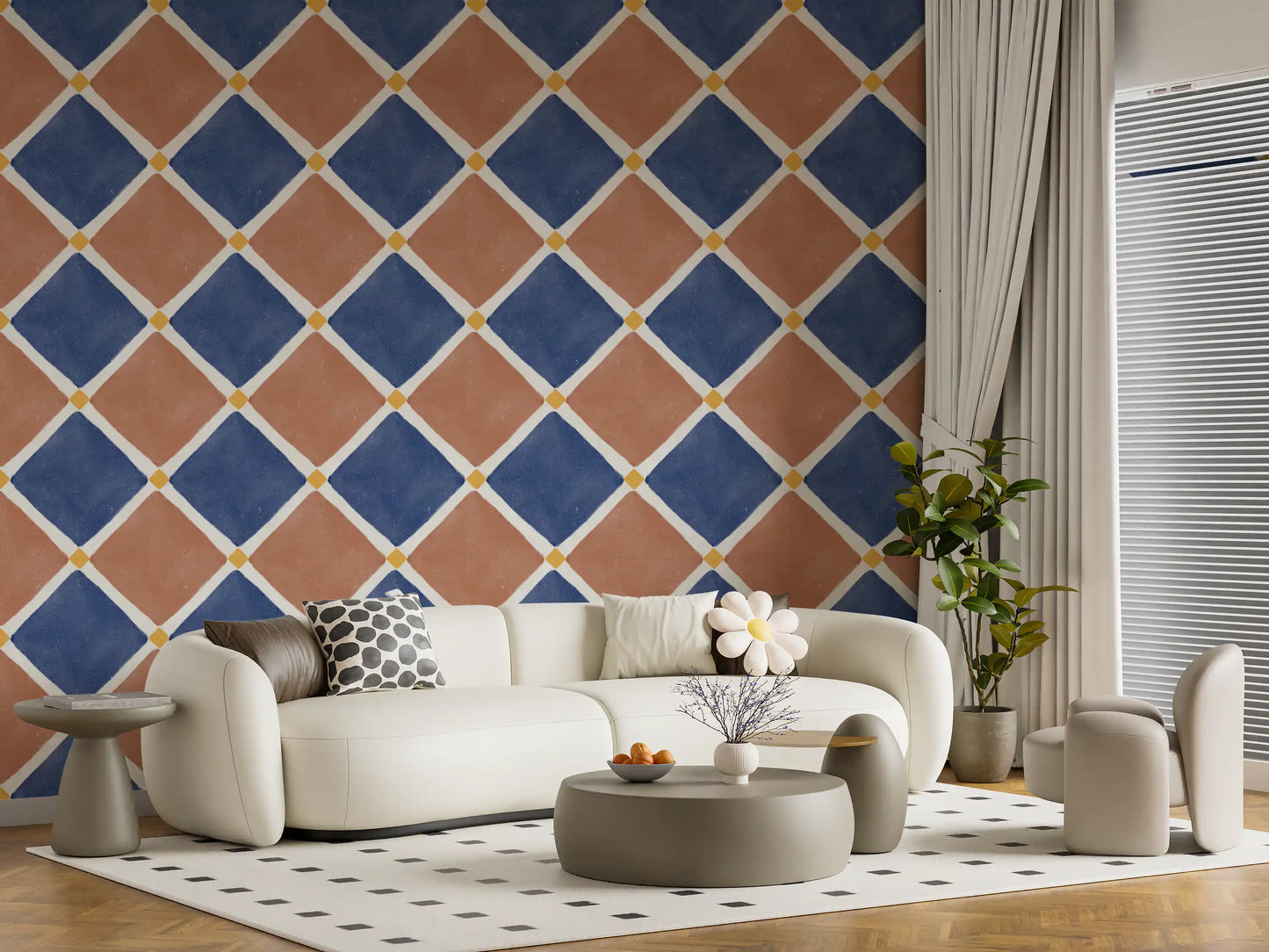 Mediterranean Rustic Checkerboard Aged Decoration - Terracotta - Blue Wallpaper⁠