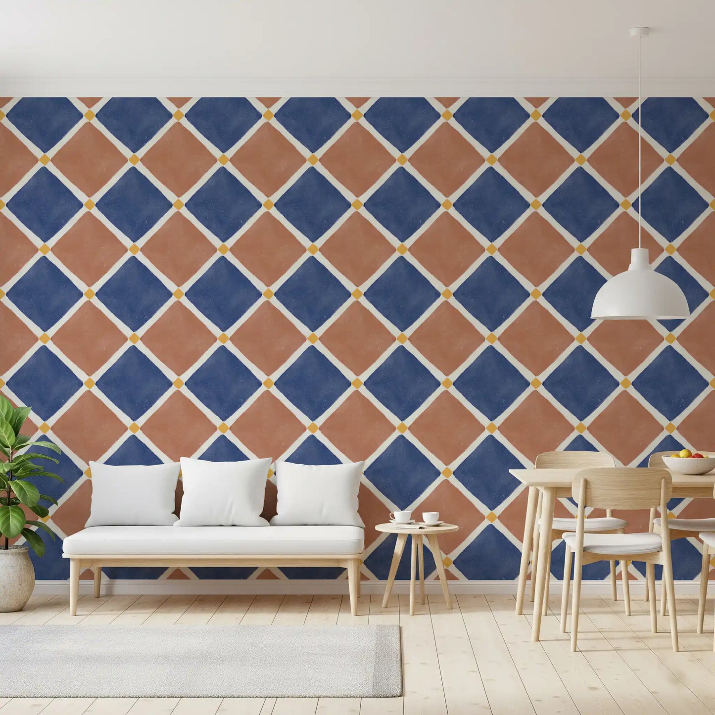 Mediterranean Rustic Checkerboard Aged Decoration - Terracotta - Blue Wallpaper⁠