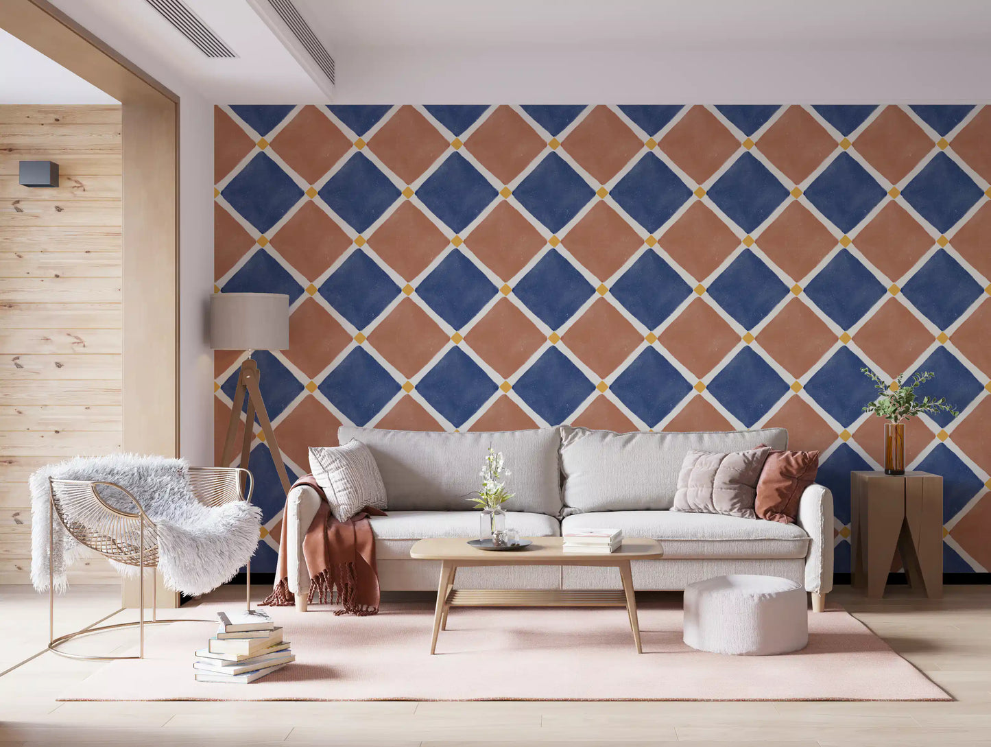 Mediterranean Rustic Checkerboard Aged Decoration - Terracotta - Blue Wallpaper⁠