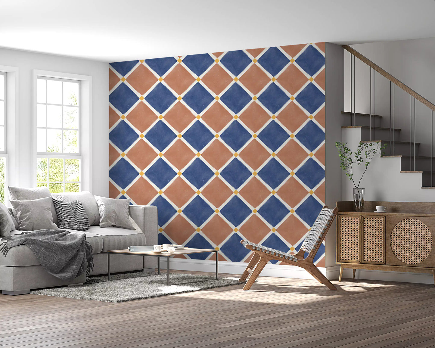 Mediterranean Rustic Checkerboard Aged Decoration - Terracotta - Blue Wallpaper⁠