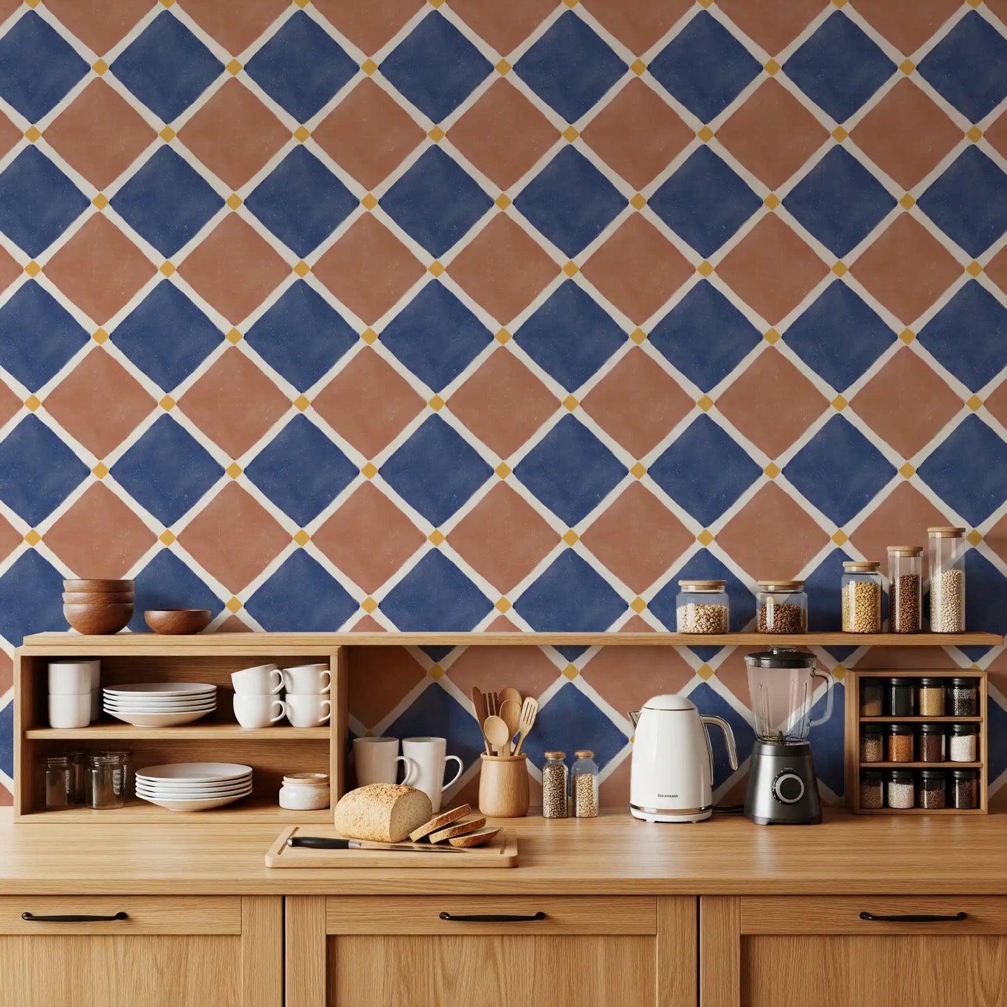 Mediterranean Rustic Checkerboard Aged Decoration - Terracotta - Blue Wallpaper⁠