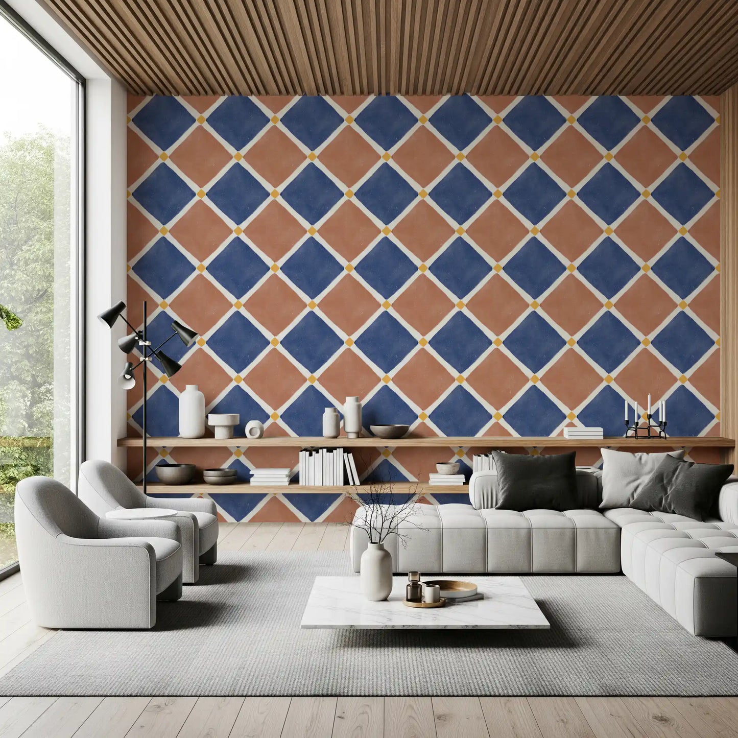 Mediterranean Rustic Checkerboard Aged Decoration - Terracotta - Blue Wallpaper⁠