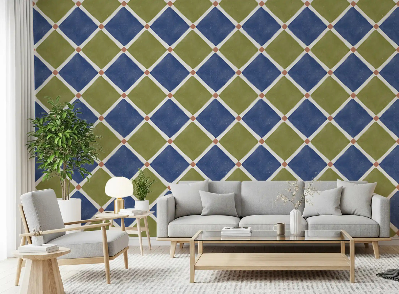 Mediterranean Rustic Checkerboard Aged Decoration - Blue - Olive Wallpaper⁠