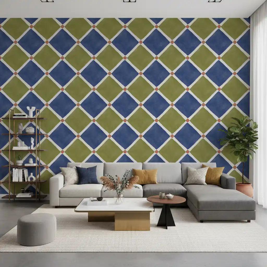 Mediterranean Rustic Checkerboard Aged Decoration - Blue - Olive Wallpaper⁠
