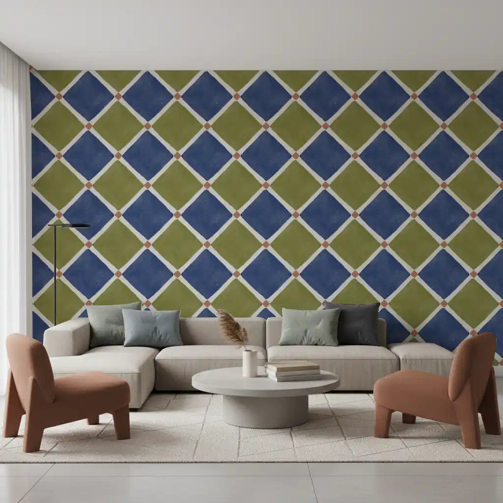 Mediterranean rustic checkerboard wallpaper framing a cozy modern living room setup.