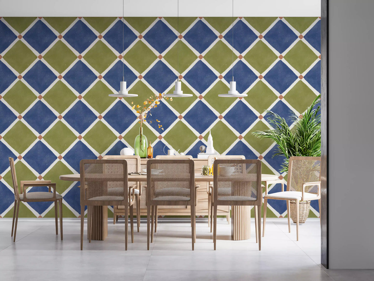 Mediterranean Rustic Checkerboard Aged Decoration - Blue - Olive Wallpaper⁠