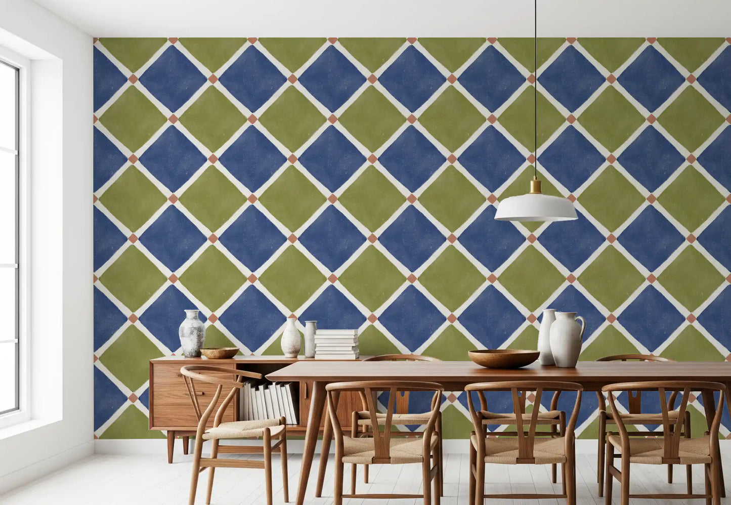 Mediterranean Rustic Checkerboard Aged Decoration - Blue - Olive Wallpaper⁠