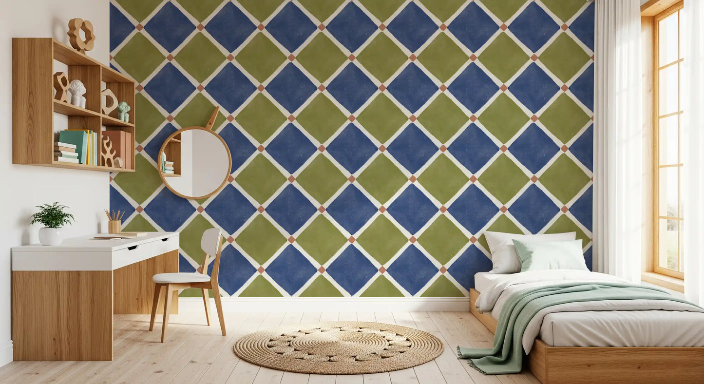 Mediterranean Rustic Checkerboard Aged Decoration - Blue - Olive Wallpaper⁠