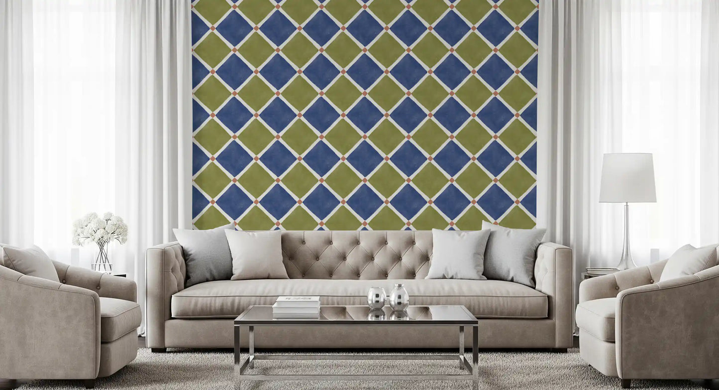 Mediterranean Rustic Checkerboard Aged Decoration - Blue - Olive Wallpaper⁠
