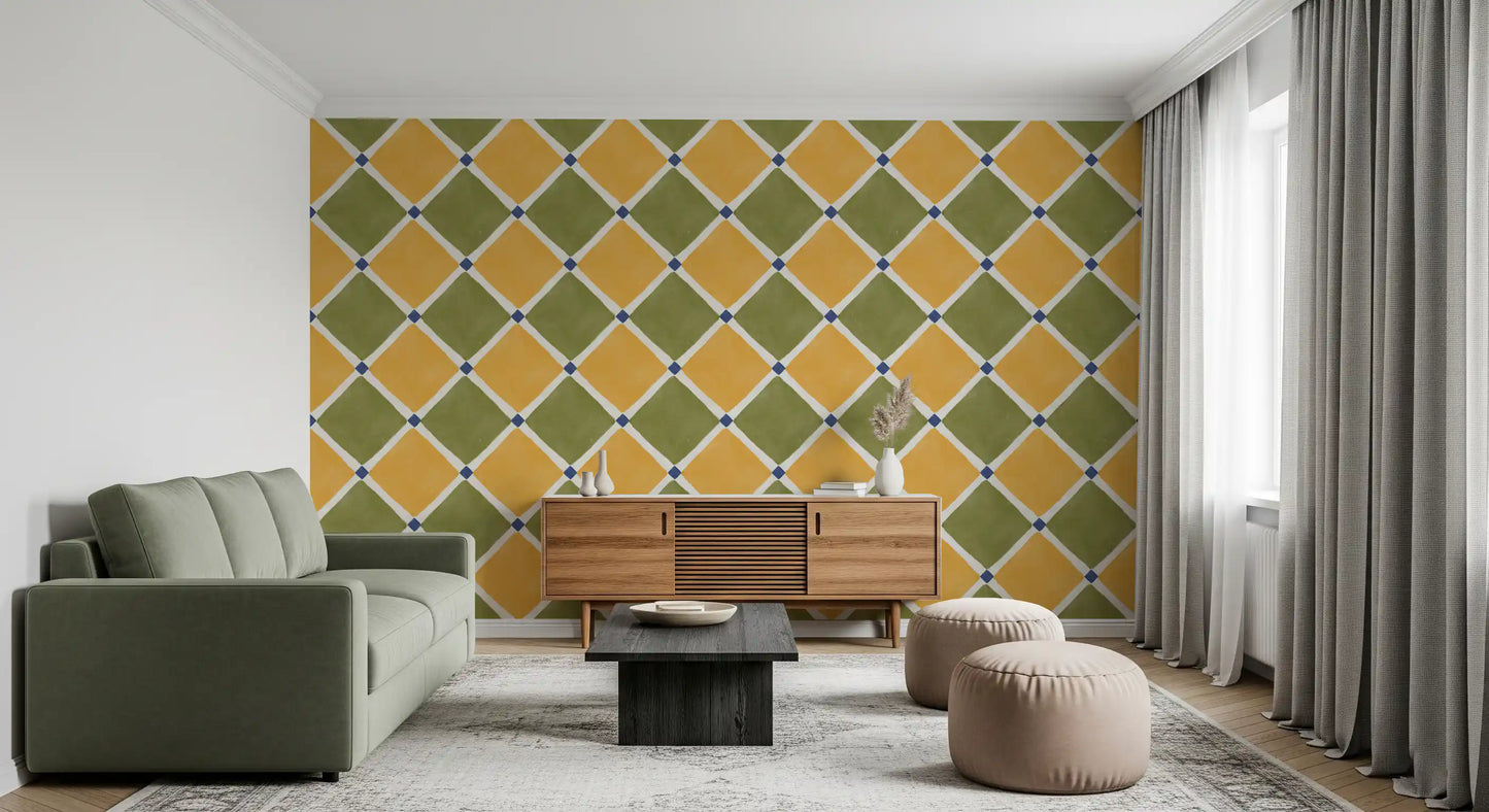 Mediterranean Rustic Checkerboard Aged Decoration - Yellow - Olive Wallpaper⁠