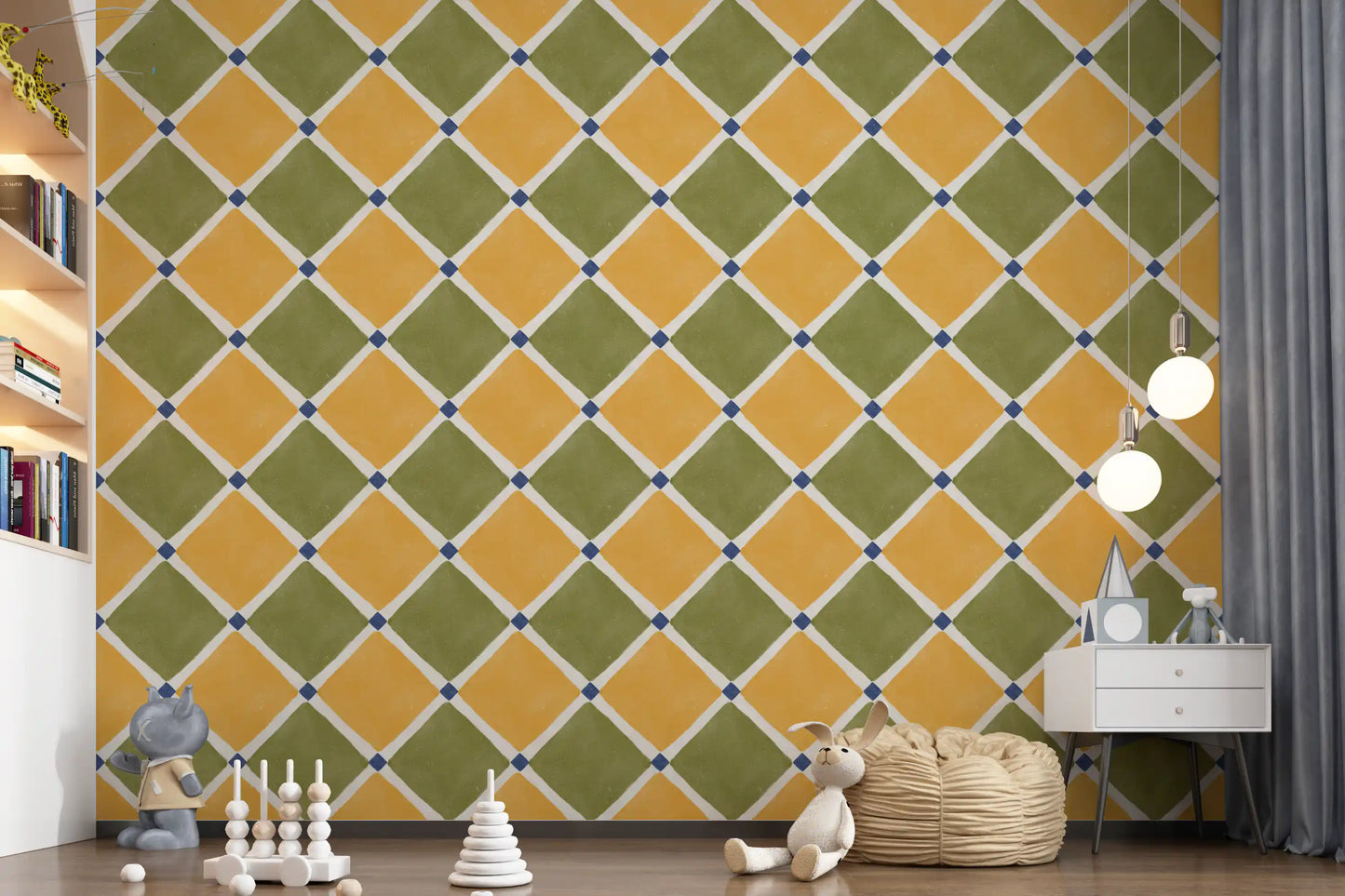 Mediterranean Rustic Checkerboard Aged Decoration - Yellow - Olive Wallpaper⁠
