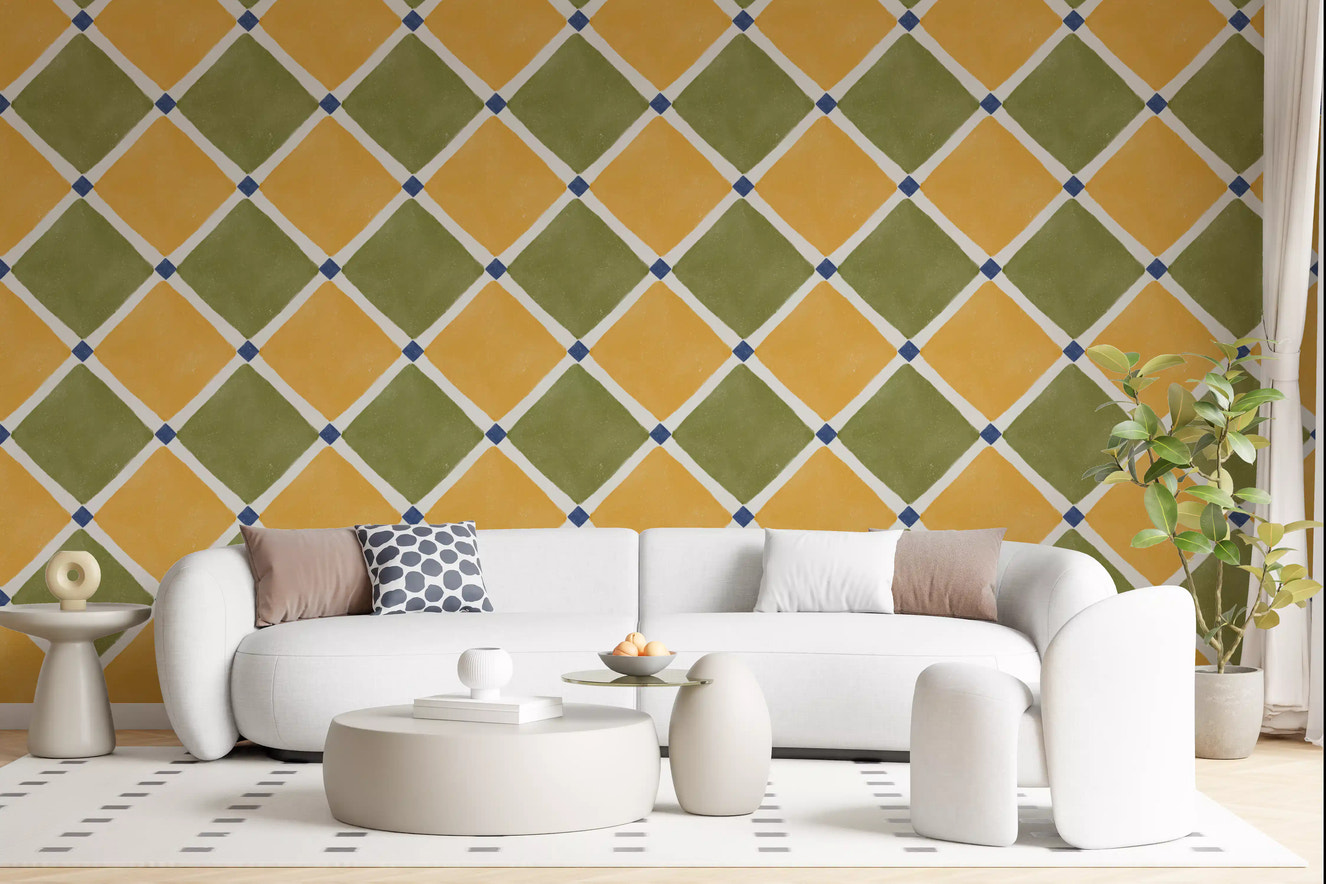 Mediterranean Rustic Checkerboard Aged Decoration - Yellow - Olive Wallpaper⁠