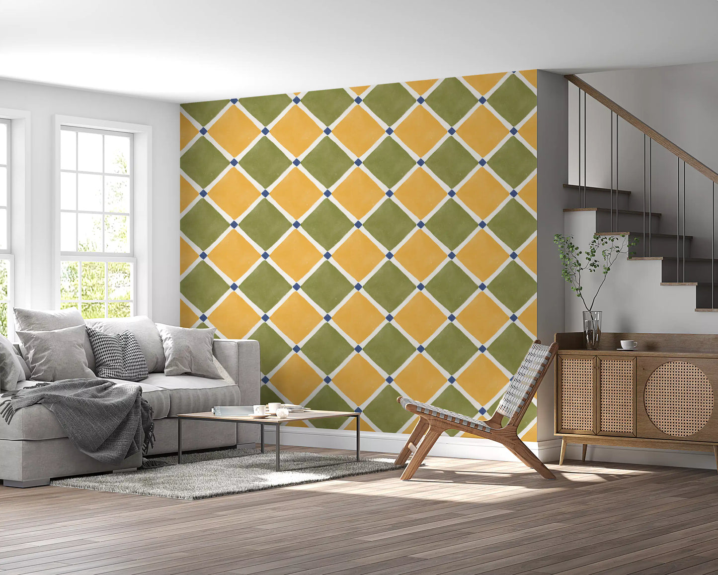 Mediterranean Rustic Checkerboard Aged Decoration - Yellow - Olive Wallpaper⁠