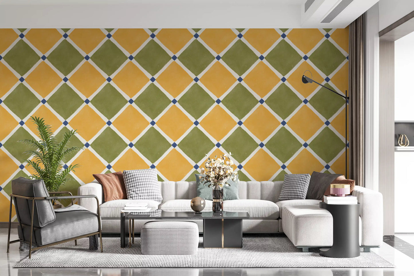 Mediterranean Rustic Checkerboard Aged Decoration - Yellow - Olive Wallpaper⁠