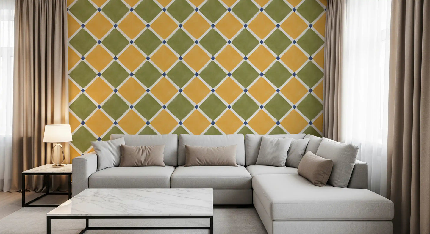 Mediterranean Rustic Checkerboard Aged Decoration - Yellow - Olive Wallpaper⁠