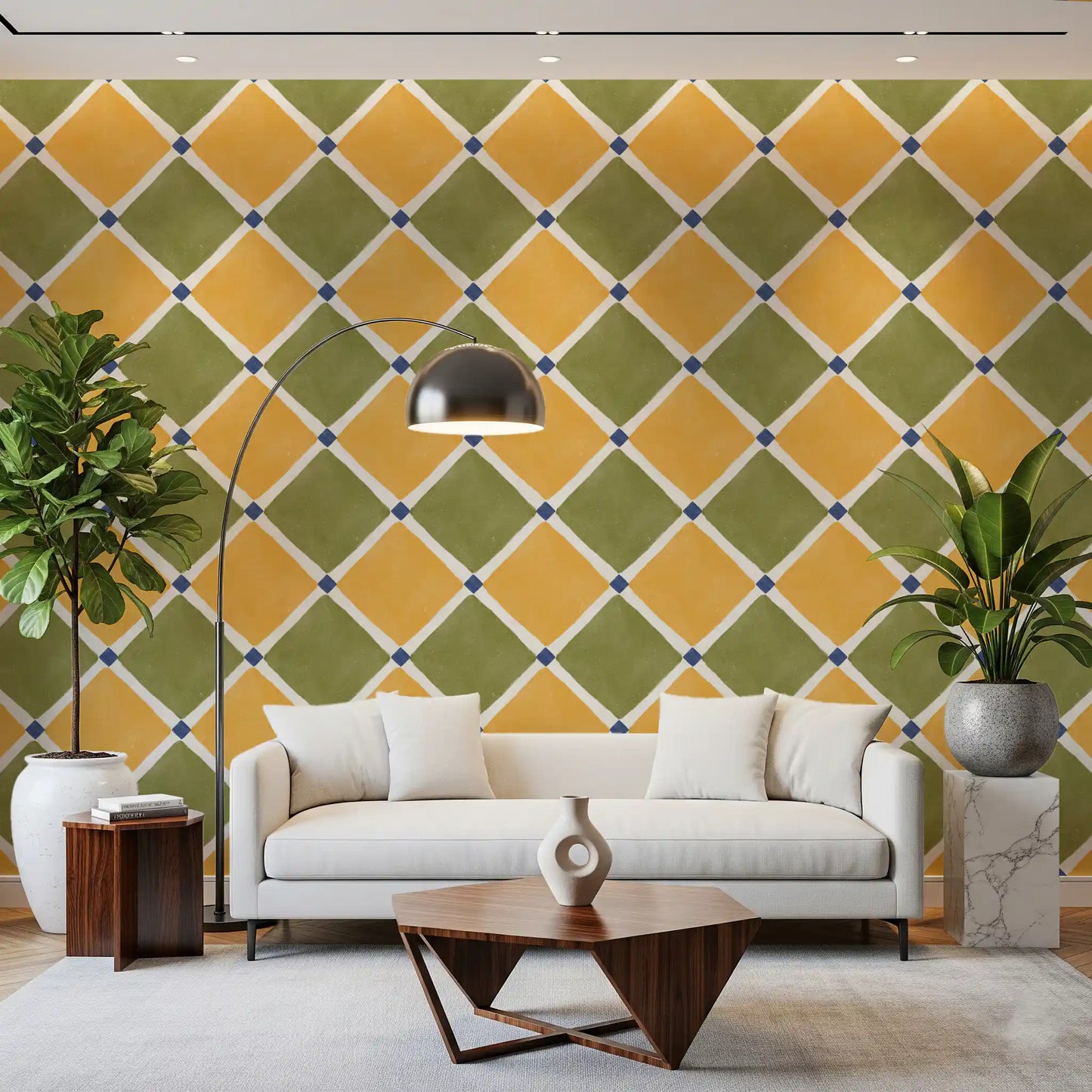 Mediterranean Rustic Checkerboard Aged Decoration - Yellow - Olive Wallpaper⁠