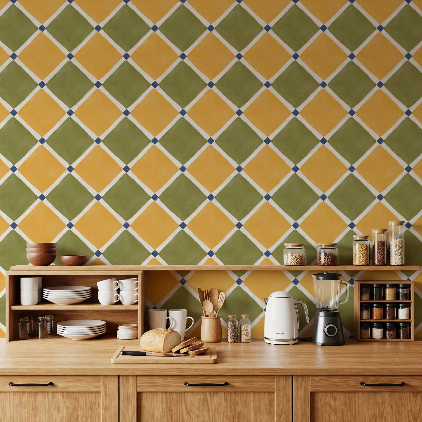 Mediterranean Rustic Checkerboard Aged Decoration - Yellow - Olive Wallpaper⁠