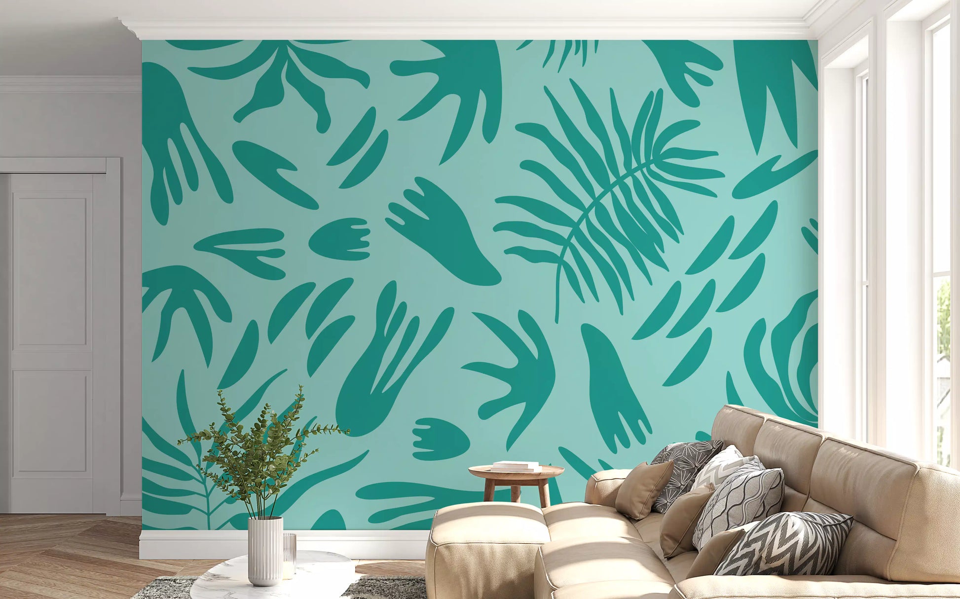 Deep green botanical shapes on a wall mural perfect for a cozy Living room space .
