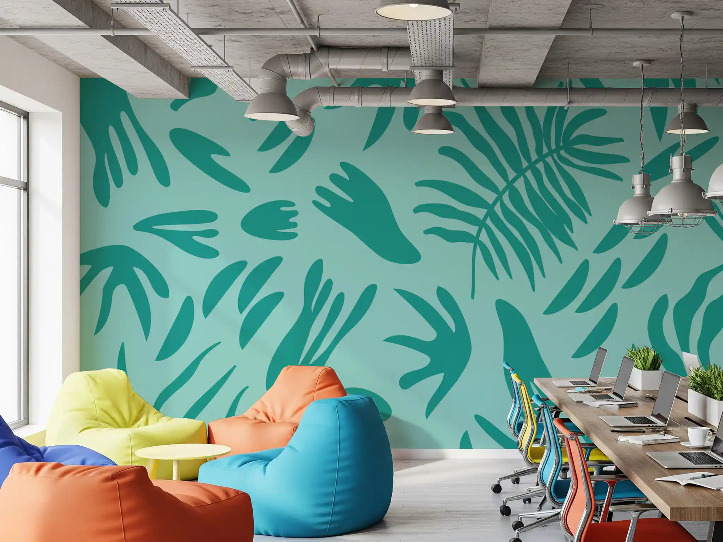 the Office with this vibrant aqua botanical wall mural.