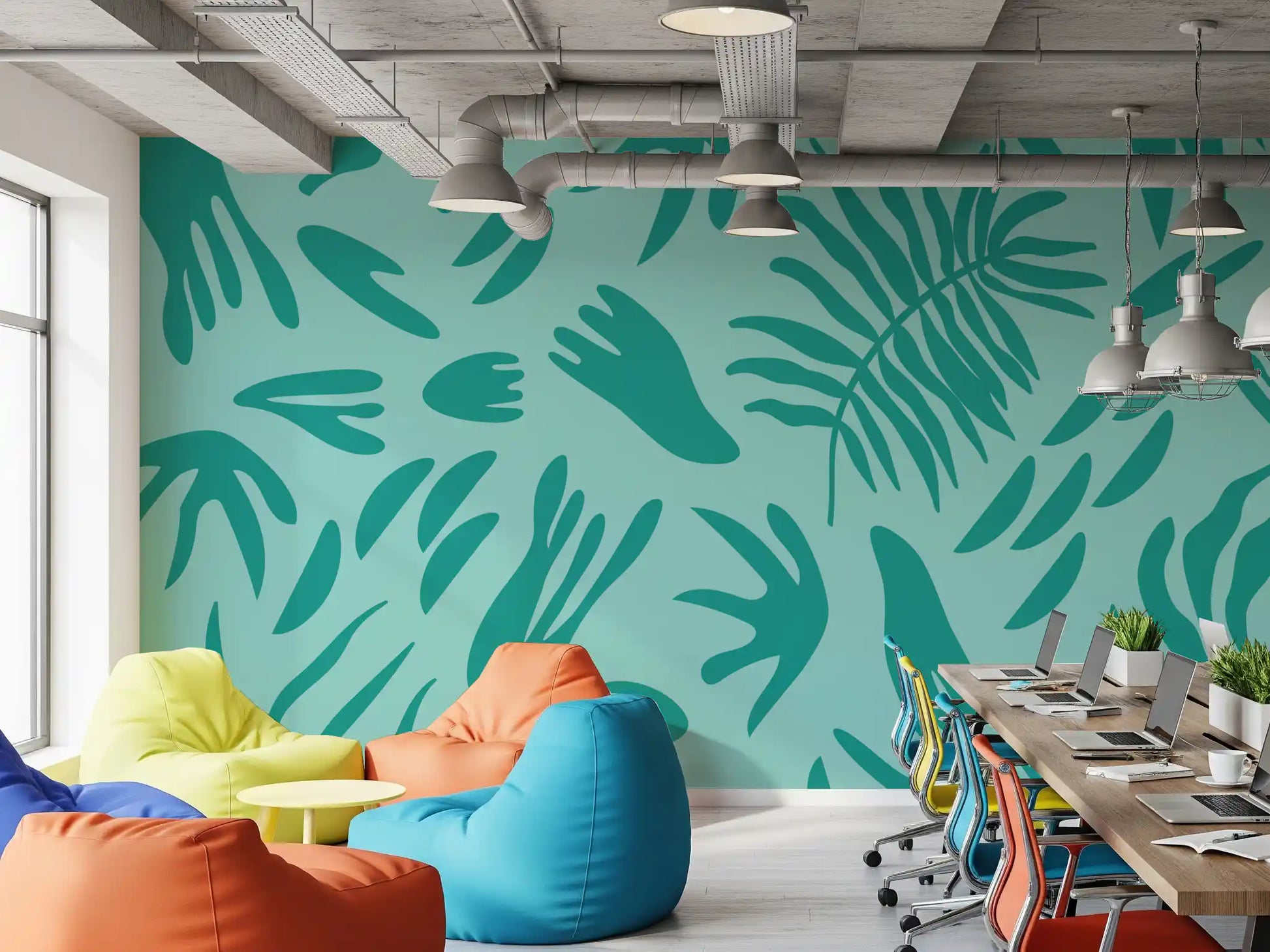 the Office with this vibrant aqua botanical wall mural.