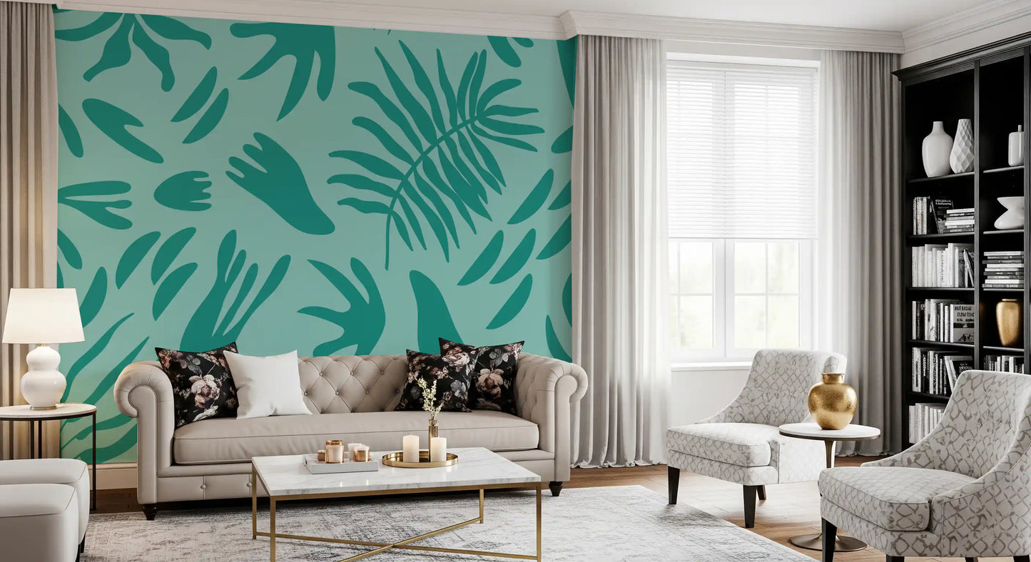 Light aqua background highlights this tropical foliage wall mural.