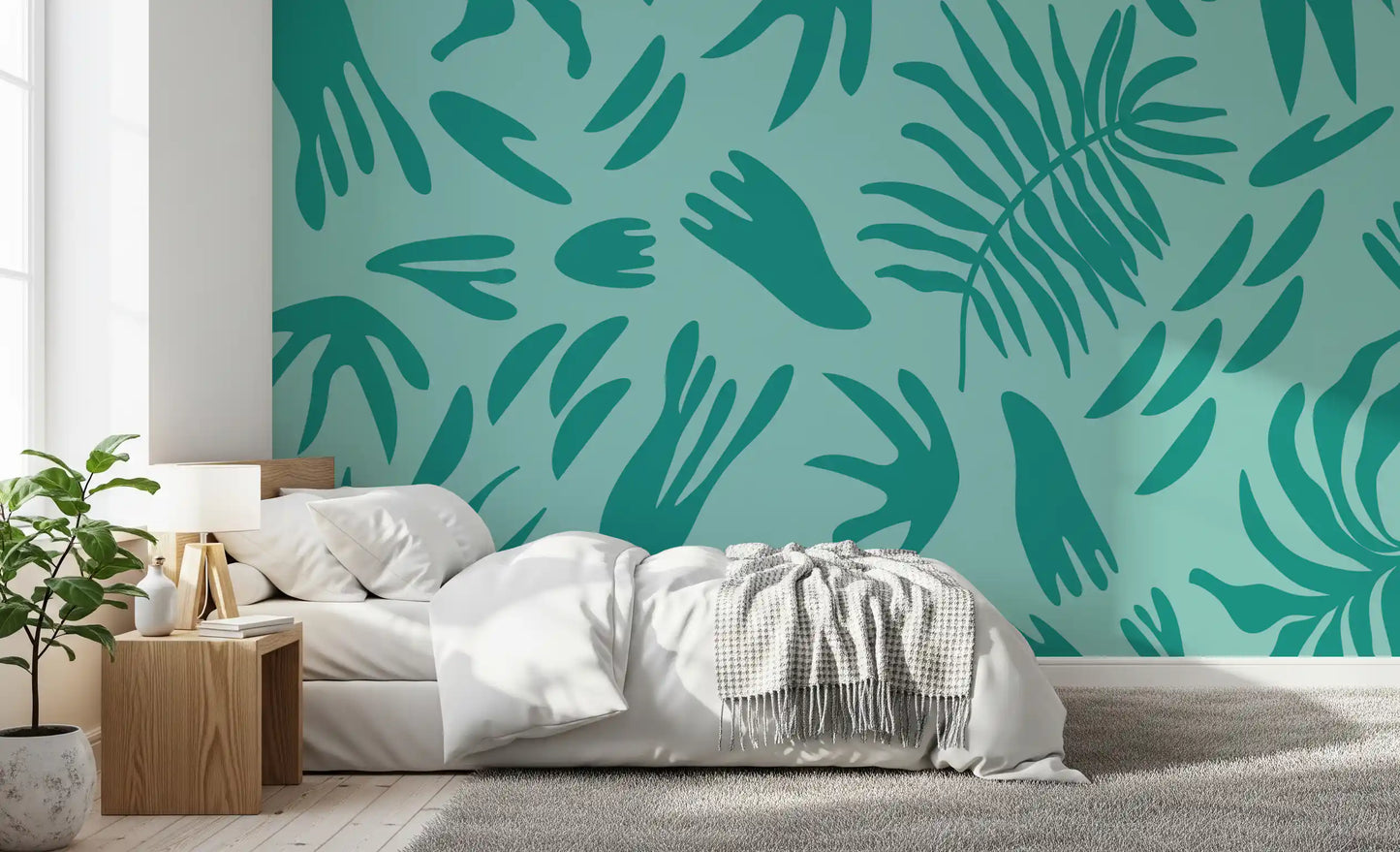 Aqua Botanical Flow wall mural creating a calming backdrop in a modern Bedroom.