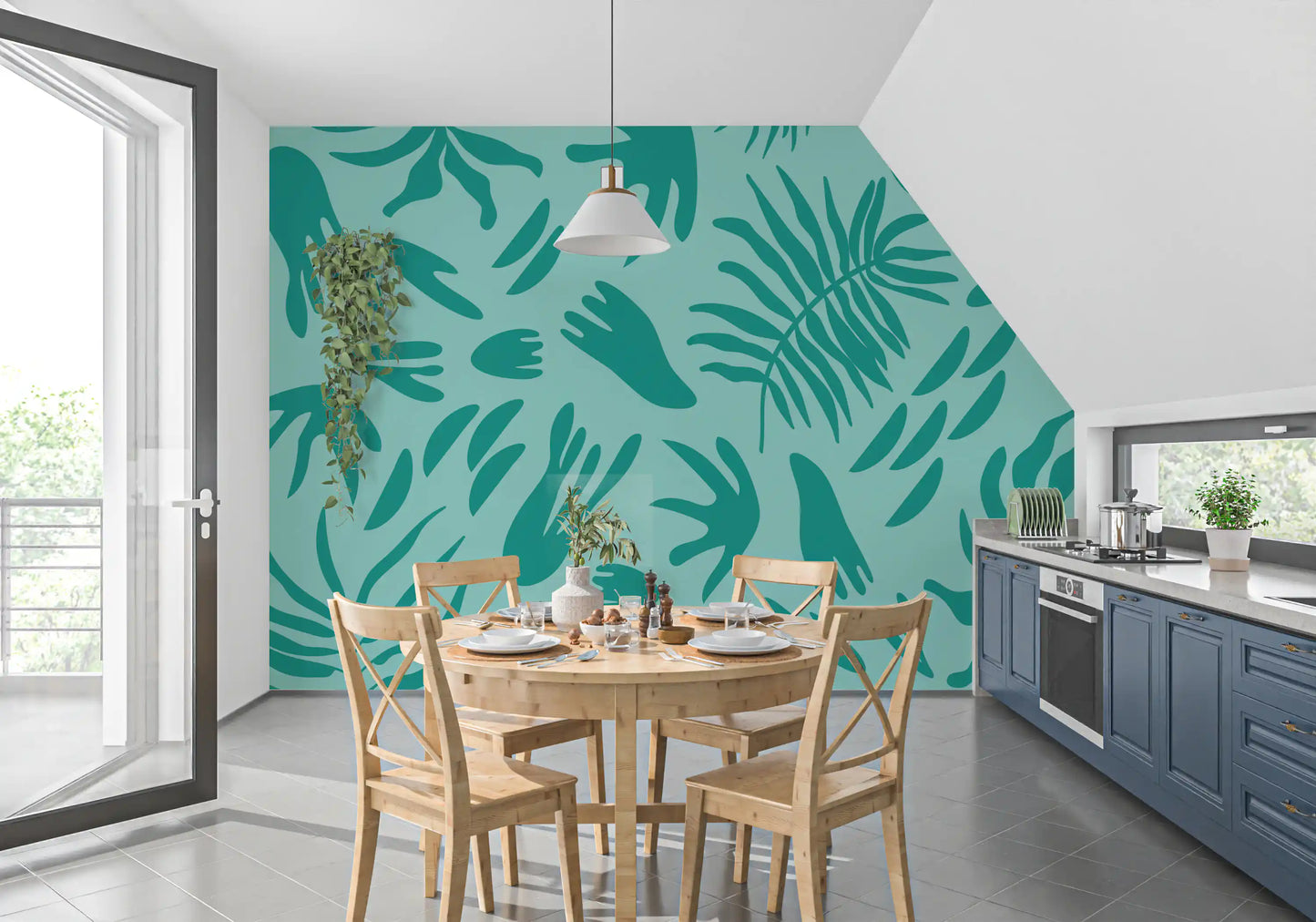 Seaweed inspired botanical flow wall mural in aqua colors.