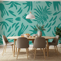 Teal abstract leaf wall mural adding a soothing touch to a minimalist Dining room.