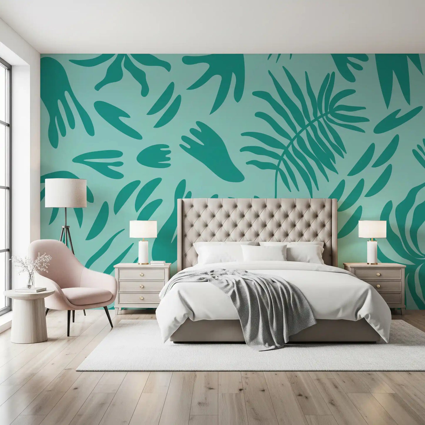 Aqua botanical flow wall mural providing a fresh look for a modern Bedroom.