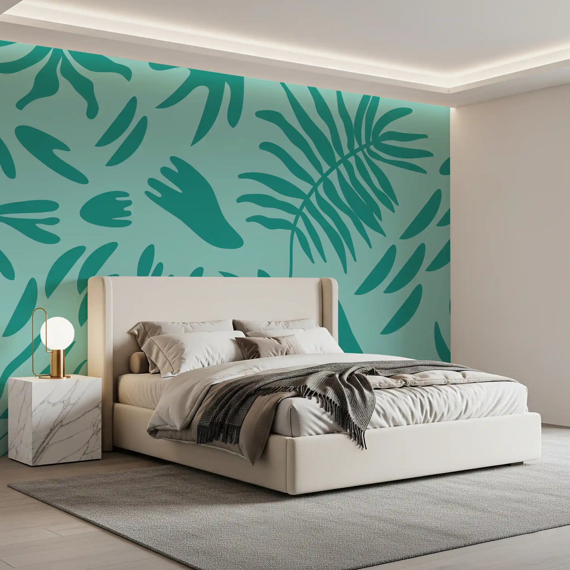 Teal leaf wall mural featuring flowing botanical shapes.