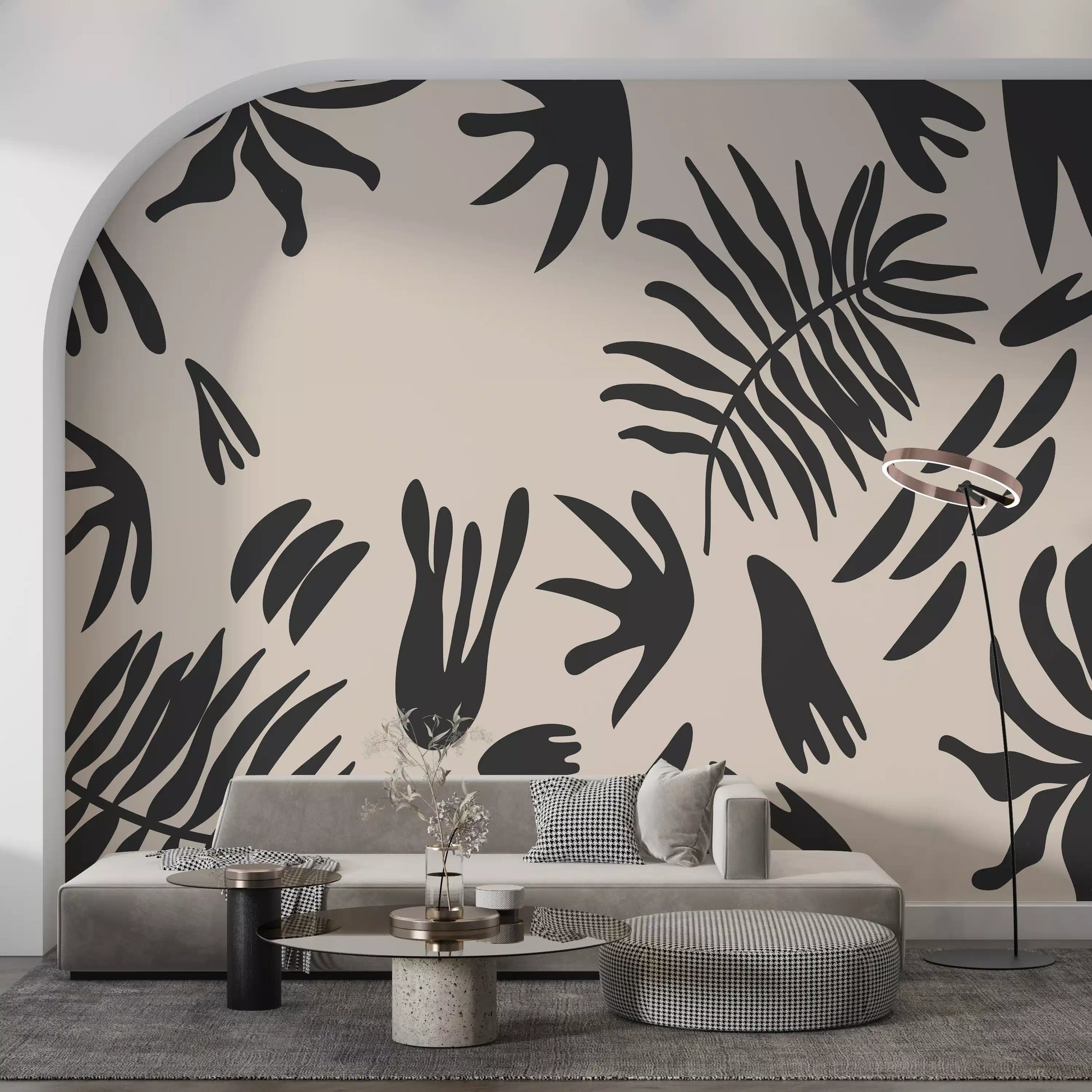 Charcoal foliage wall mural creating a polished entryway statement