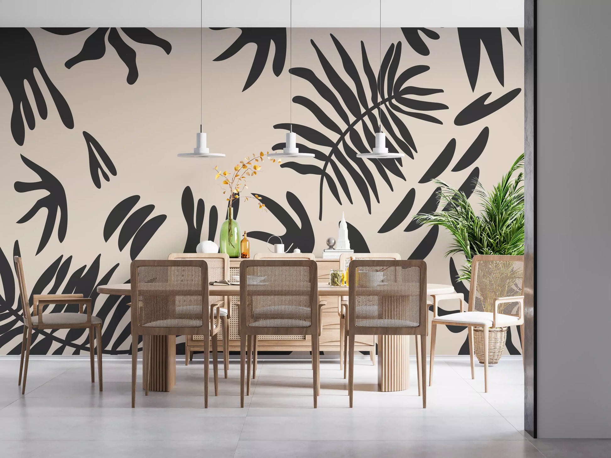 Charcoal fern wall mural bringing bold texture to a dining area