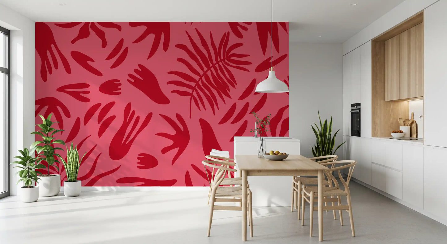 Leaf dance wall mural adding warmth to a Dining room with rich scarlet foliage