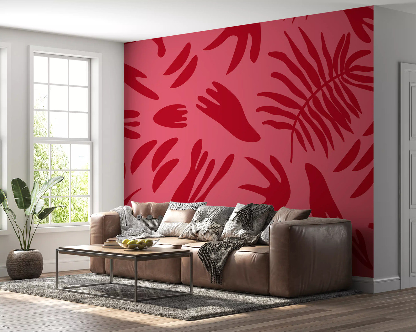 Crimson leaf wall mural behind a living room sofa with flowing botanical shapes