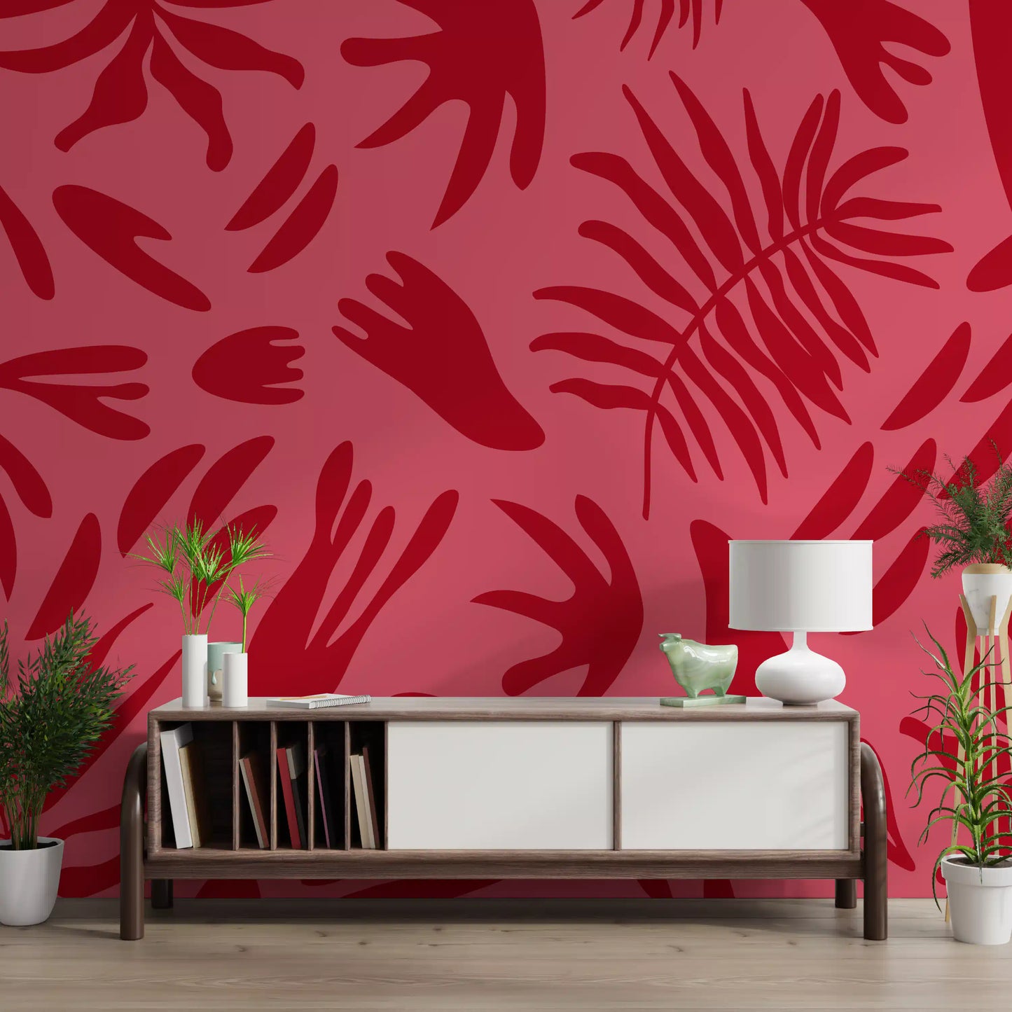 Crimson dance wall mural brightening a hallway with tropical leaf movement
