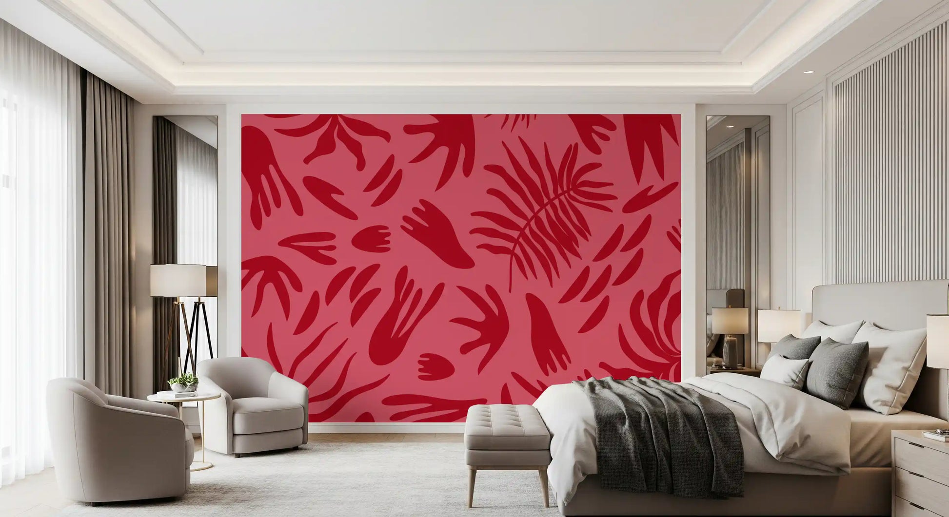 Ruby foliage wall mural adding depth to a creative bedroom with leafy curves