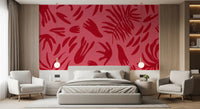 Crimson frond wall mural styling a Bedroom with pink tones and bold leaves