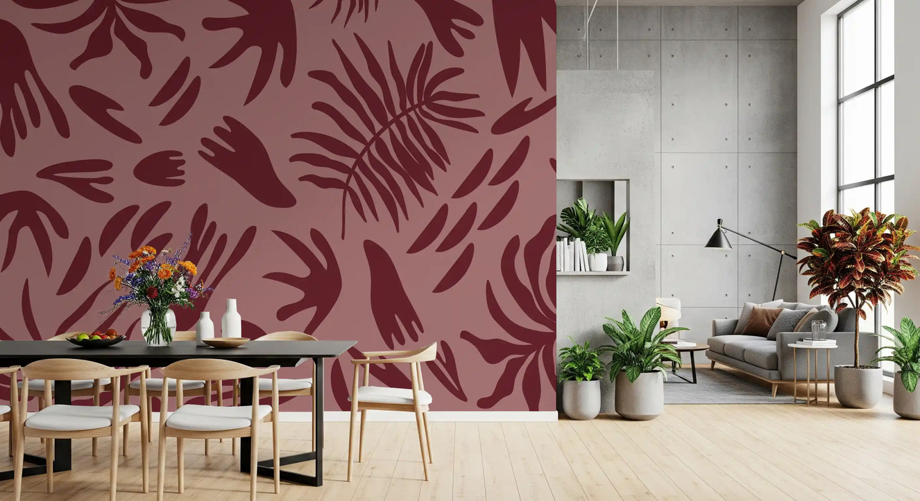 Maroon botanical rhythm wall mural in dining room with flowing leaf shapes