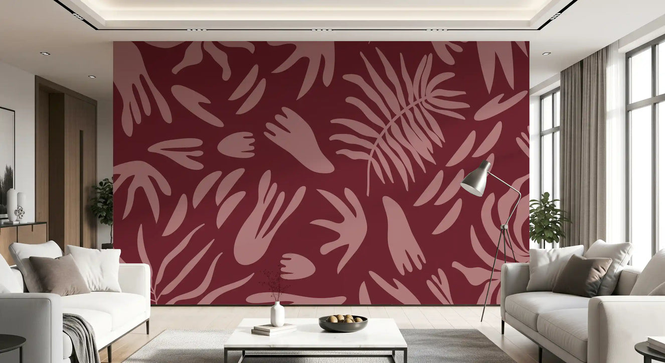 Maroon bloom abstract wall mural in living room with bold botanical shapes