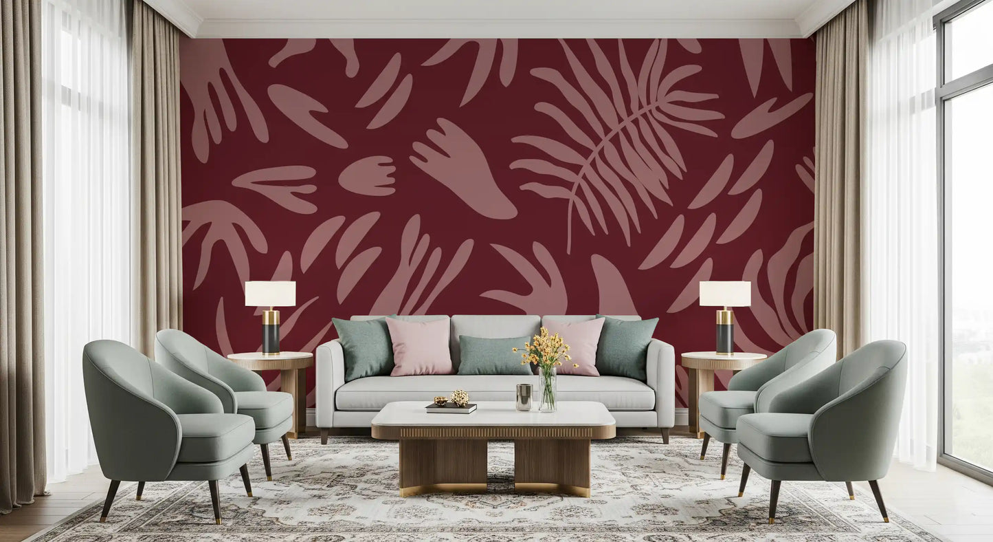 Bloom maroon abstract wall mural with organic shapes and balanced spacing