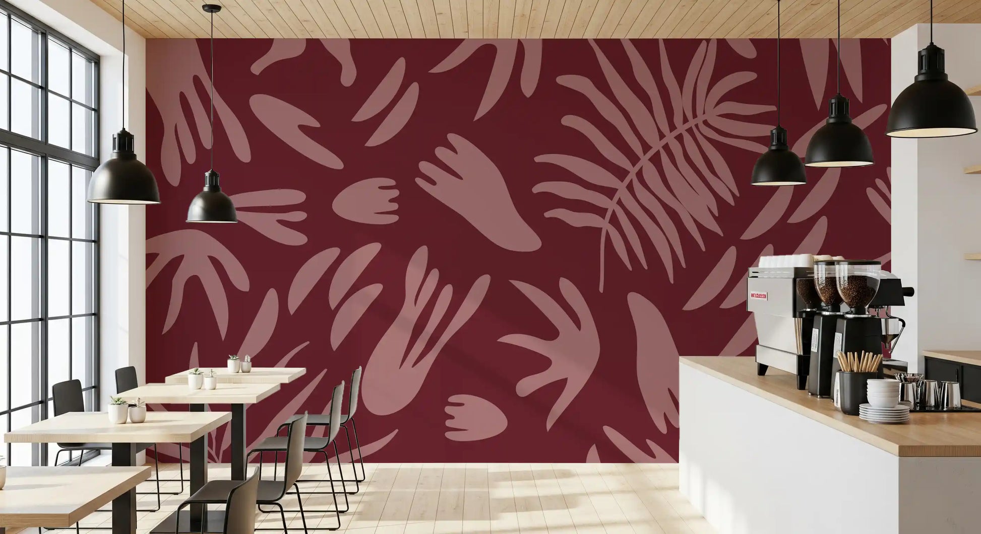 Maroon abstract wall mural with bloom-inspired forms and soft contrast