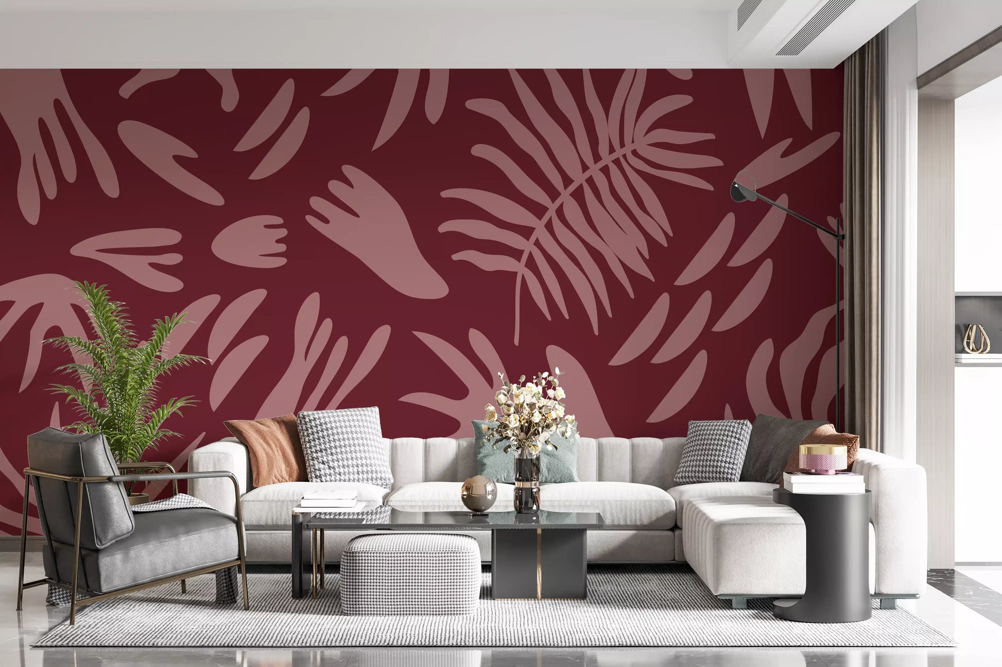 Maroon abstract bloom wall mural in hallway with layered leaf forms
