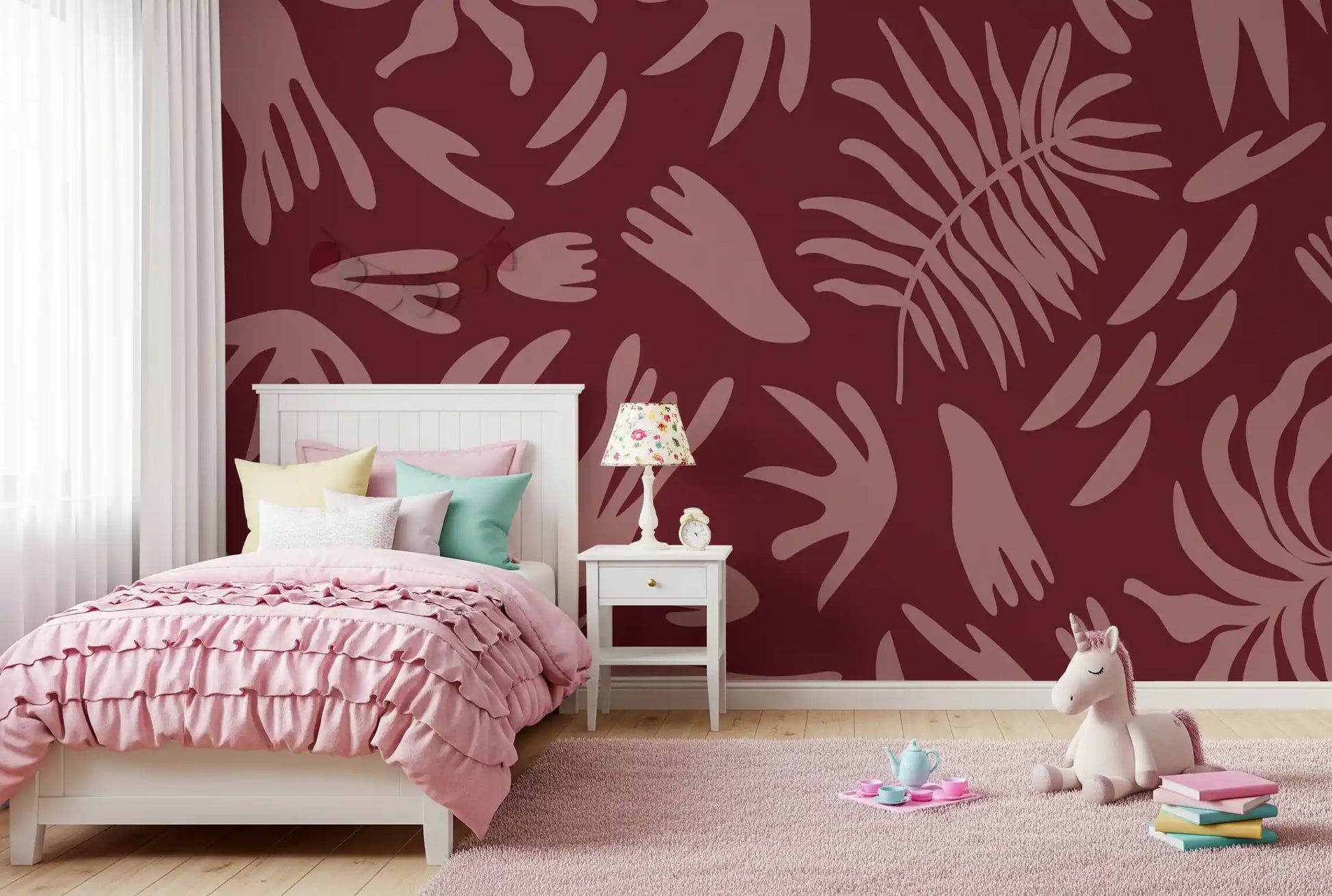 Abstract bloom maroon wall mural with flowing leaf shapes and clean layout