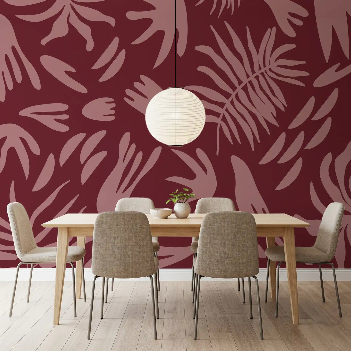 Maroon bloom abstract wall mural with stylized leaves and modern pattern