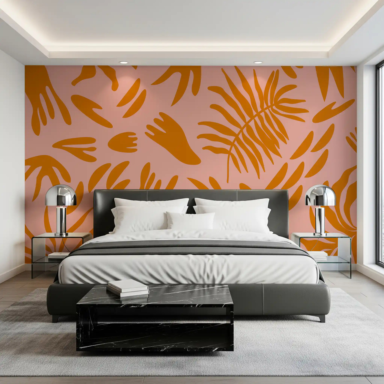 Terra Blush Flora wall mural in a bedroom with terracotta leaf pattern