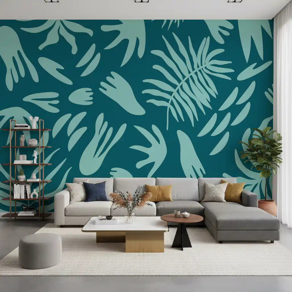 Aqua Leaf Abstract Wall Mural