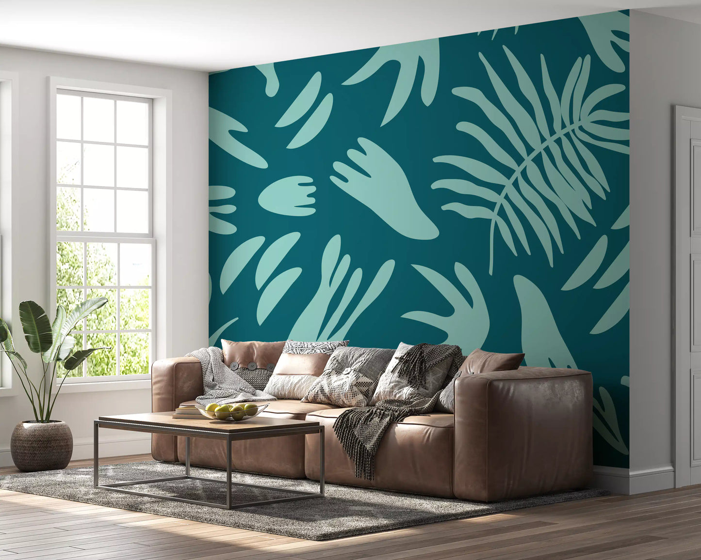 Aqua Leaf Abstract Wall Mural