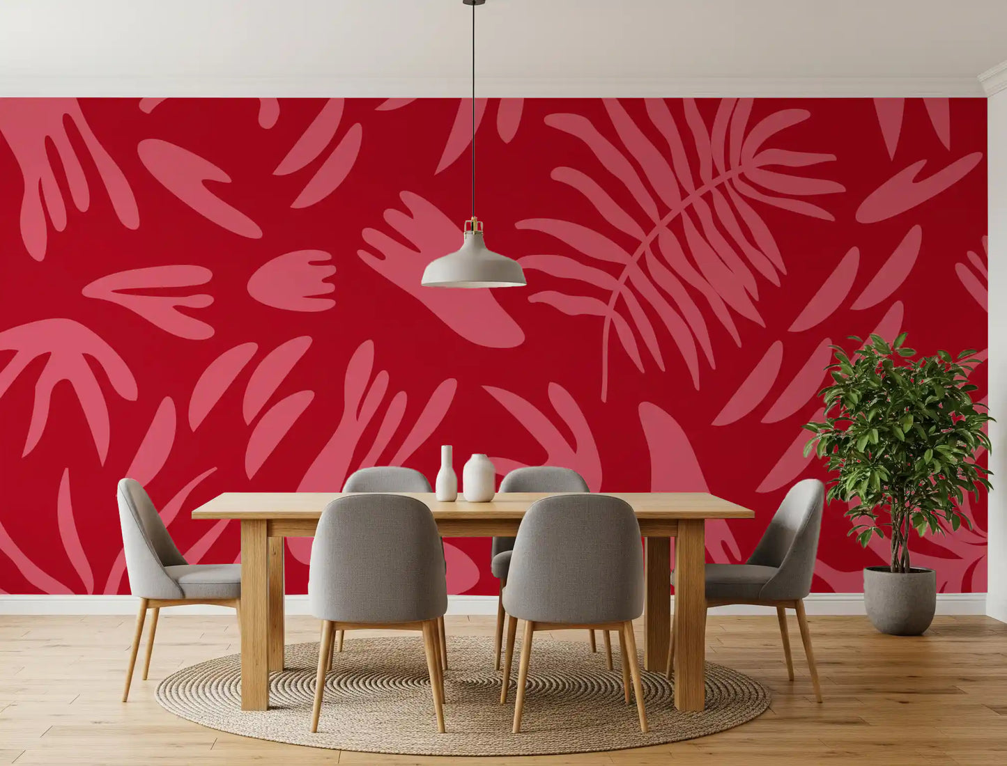 Crimson Botanical wall mural in a dining room with modern floral design